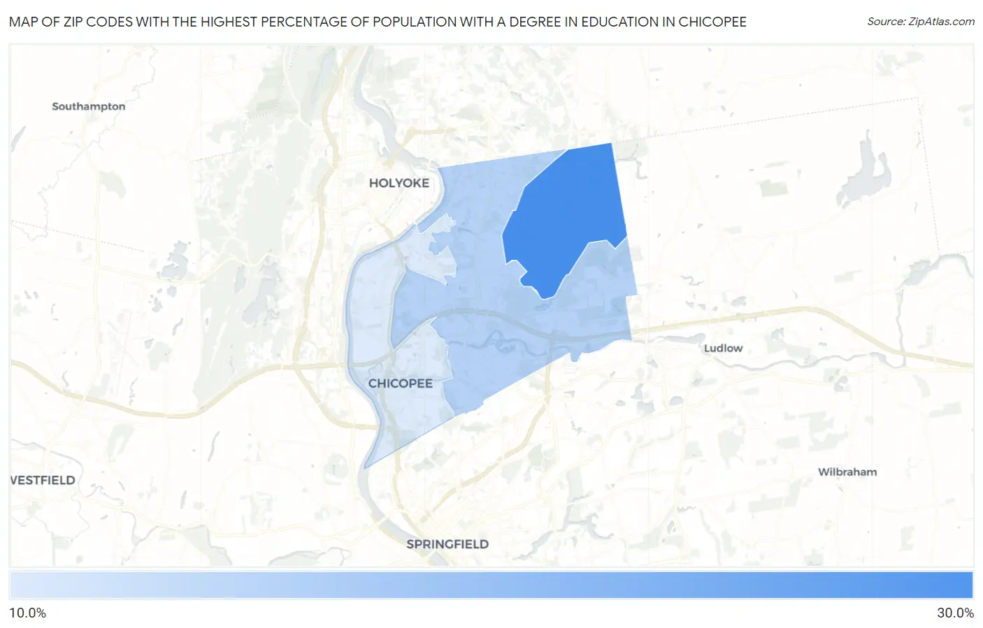 Zip Codes with the Highest Percentage of Population with a Degree in Education in Chicopee Map