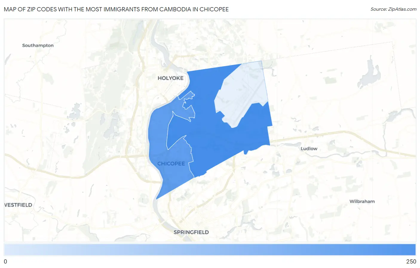 Zip Codes with the Most Immigrants from Cambodia in Chicopee Map