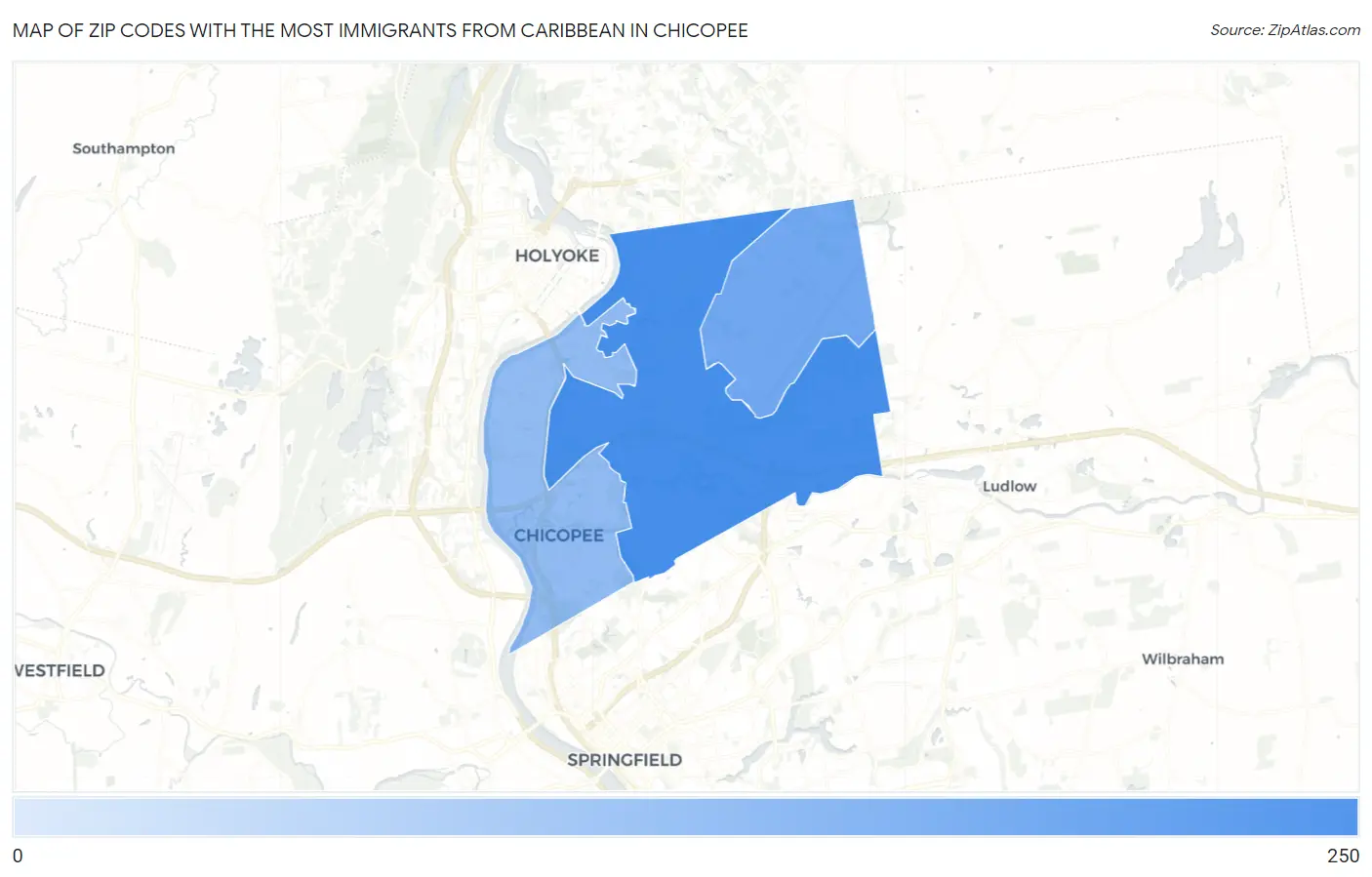 Zip Codes with the Most Immigrants from Caribbean in Chicopee Map