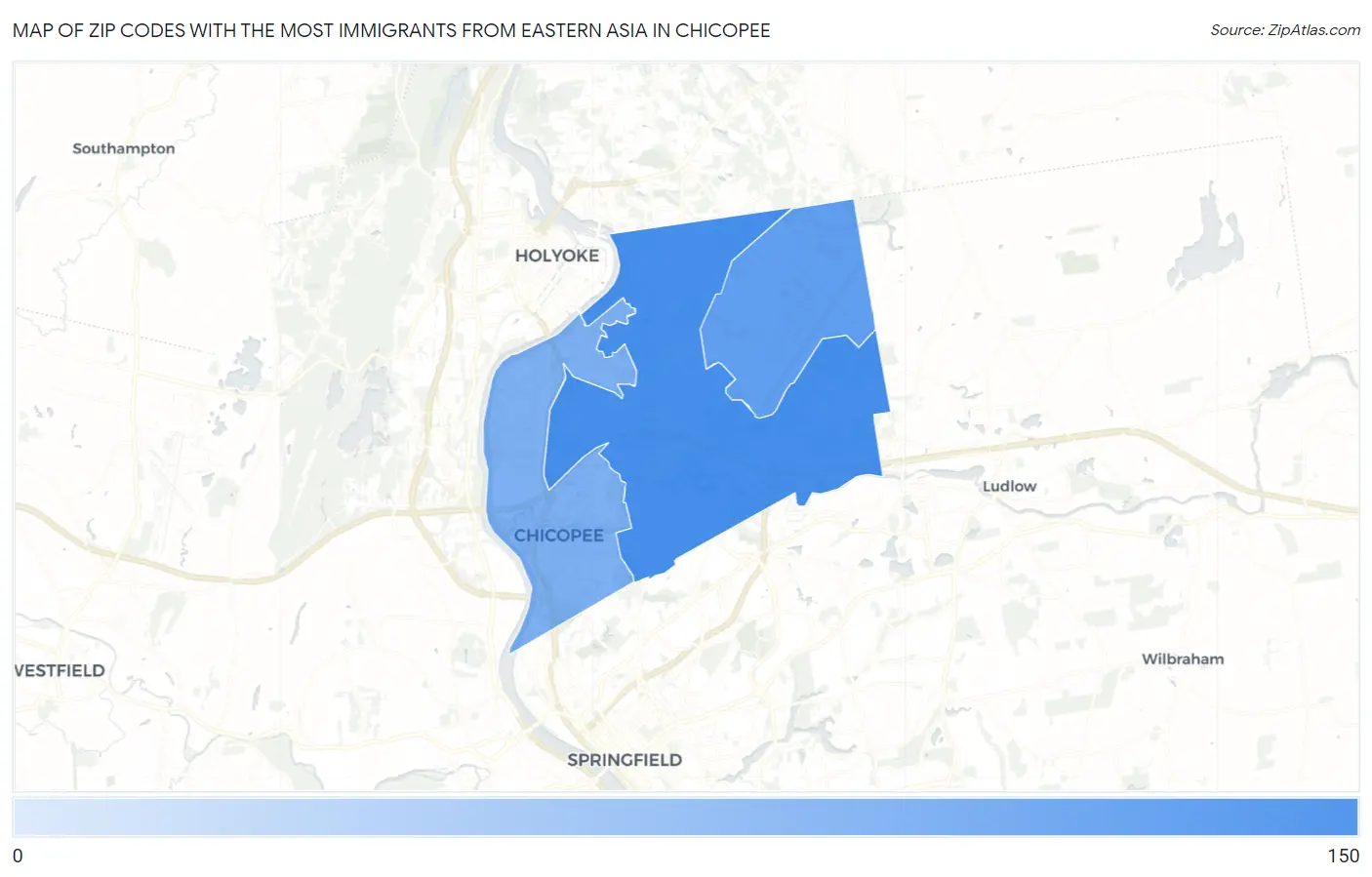 Zip Codes with the Most Immigrants from Eastern Asia in Chicopee Map