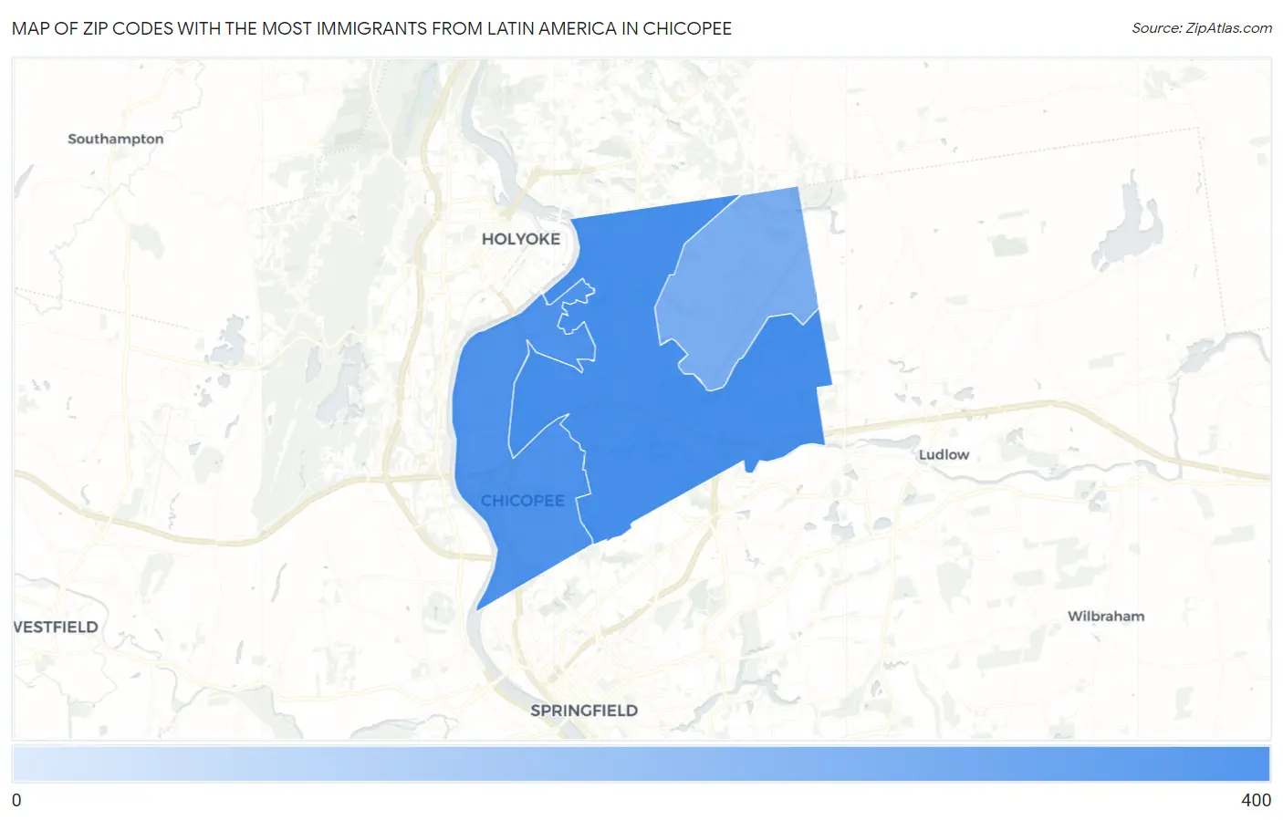 Zip Codes with the Most Immigrants from Latin America in Chicopee Map