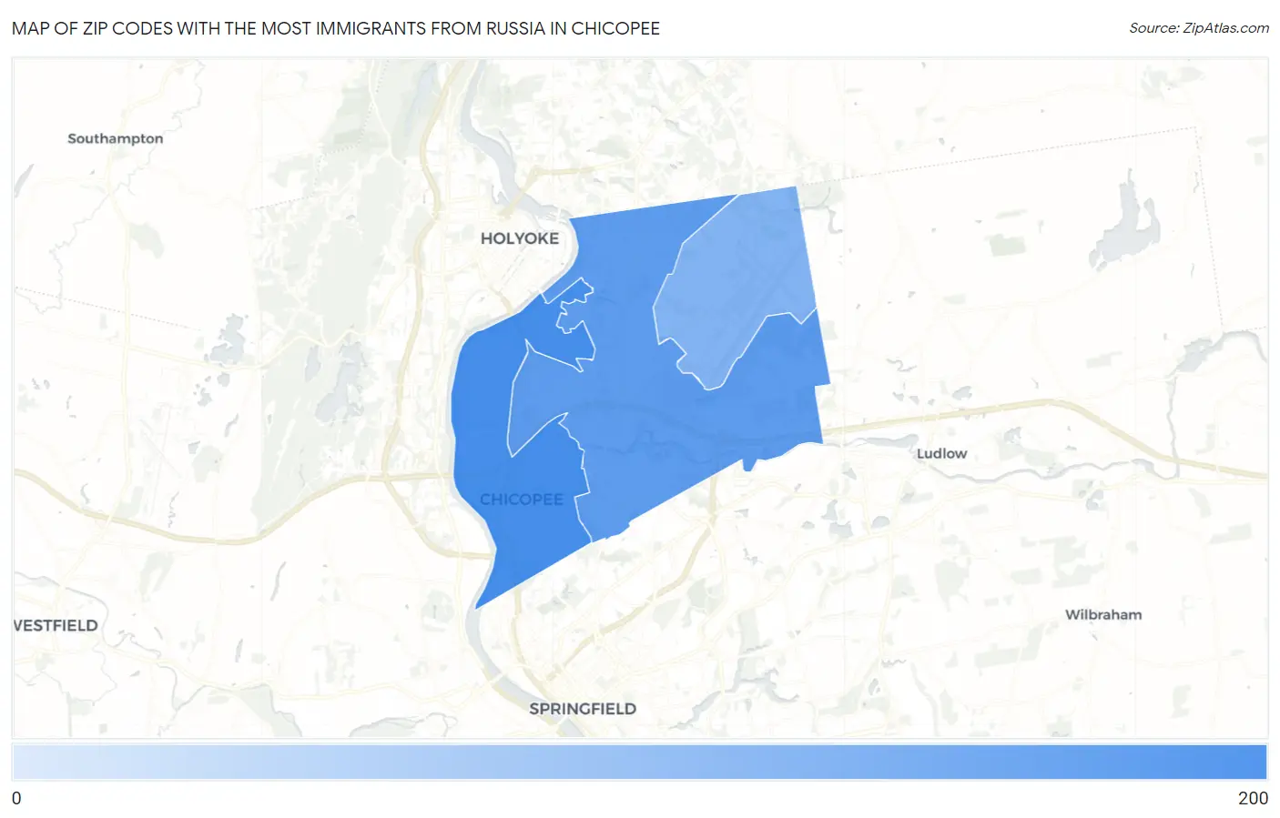 Zip Codes with the Most Immigrants from Russia in Chicopee Map
