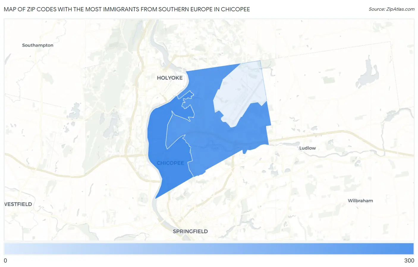 Zip Codes with the Most Immigrants from Southern Europe in Chicopee Map