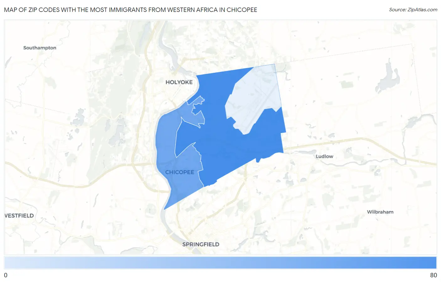 Zip Codes with the Most Immigrants from Western Africa in Chicopee Map