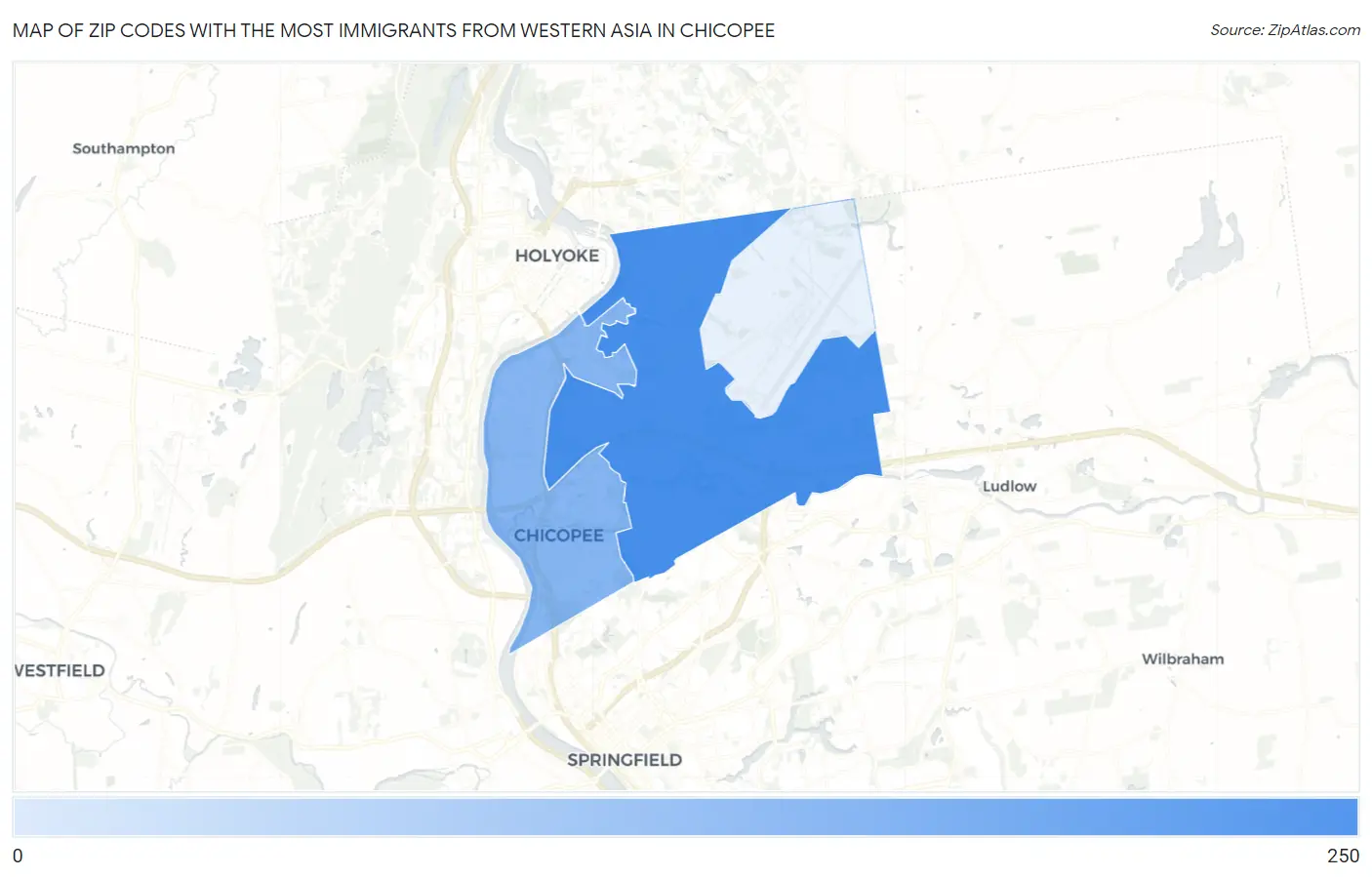 Zip Codes with the Most Immigrants from Western Asia in Chicopee Map