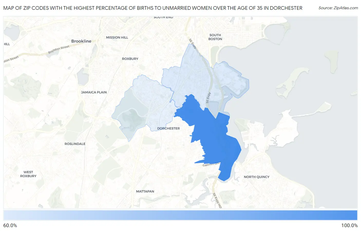 Zip Codes with the Highest Percentage of Births to Unmarried Women over the Age of 35 in Dorchester Map