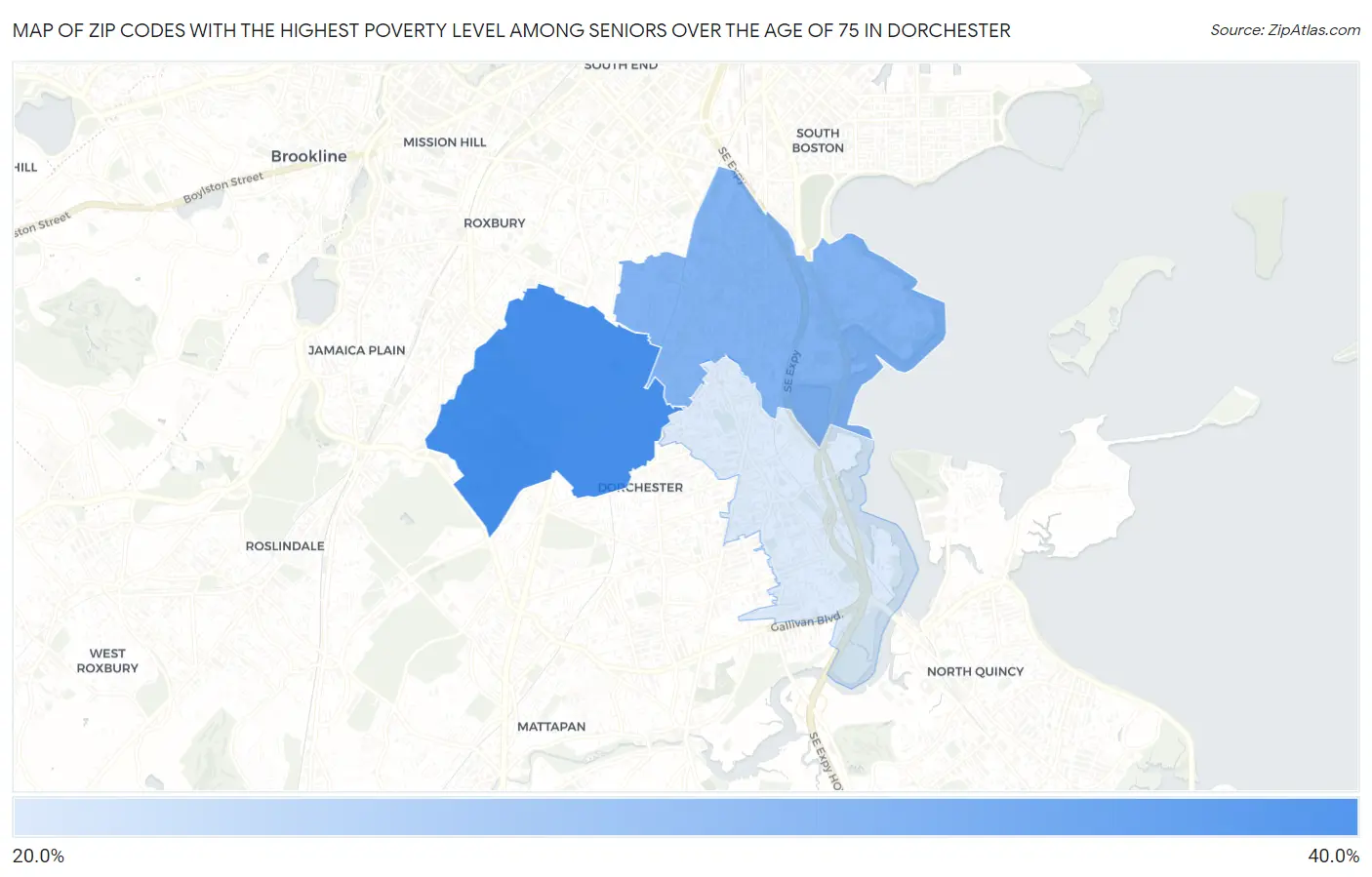 Zip Codes with the Highest Poverty Level Among Seniors Over the Age of 75 in Dorchester Map