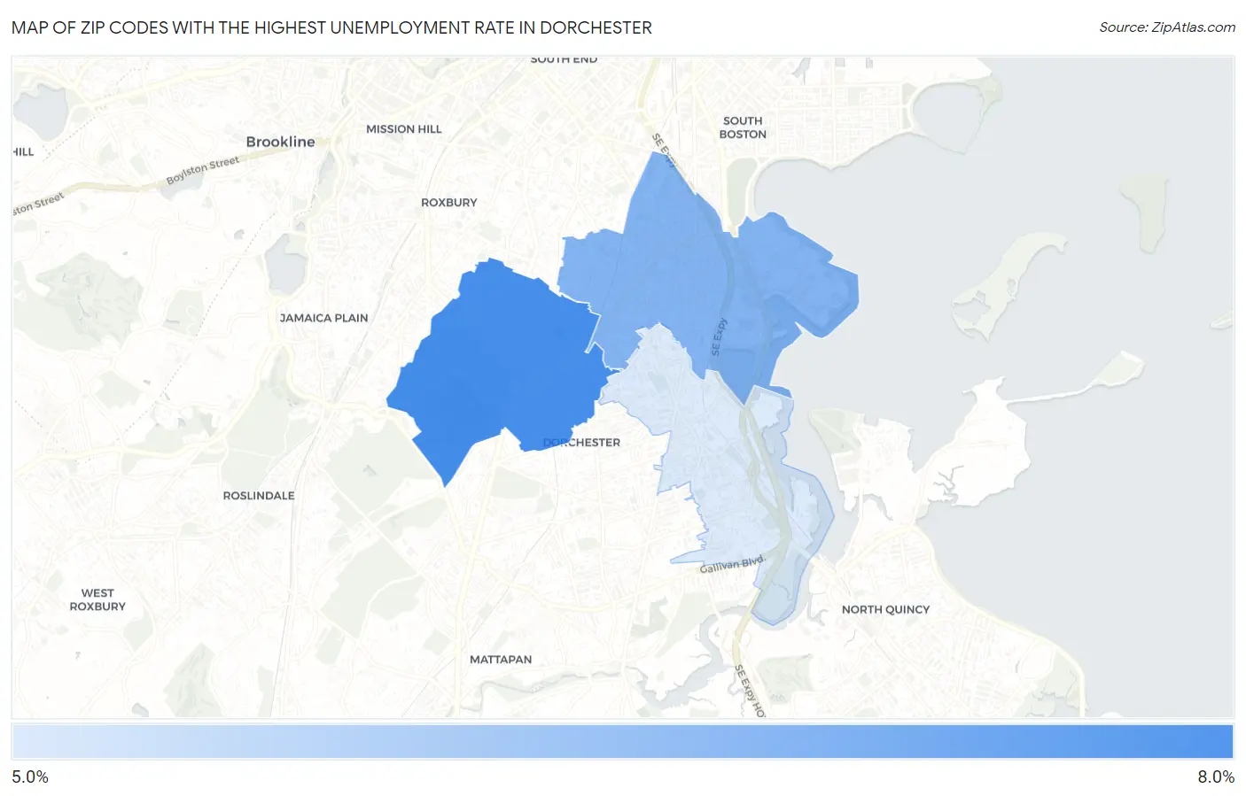 Zip Codes with the Highest Unemployment Rate in Dorchester Map