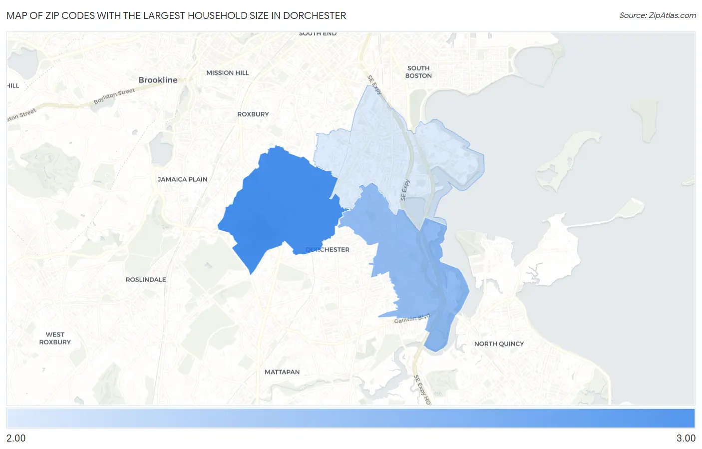 Zip Codes with the Largest Household Size in Dorchester Map