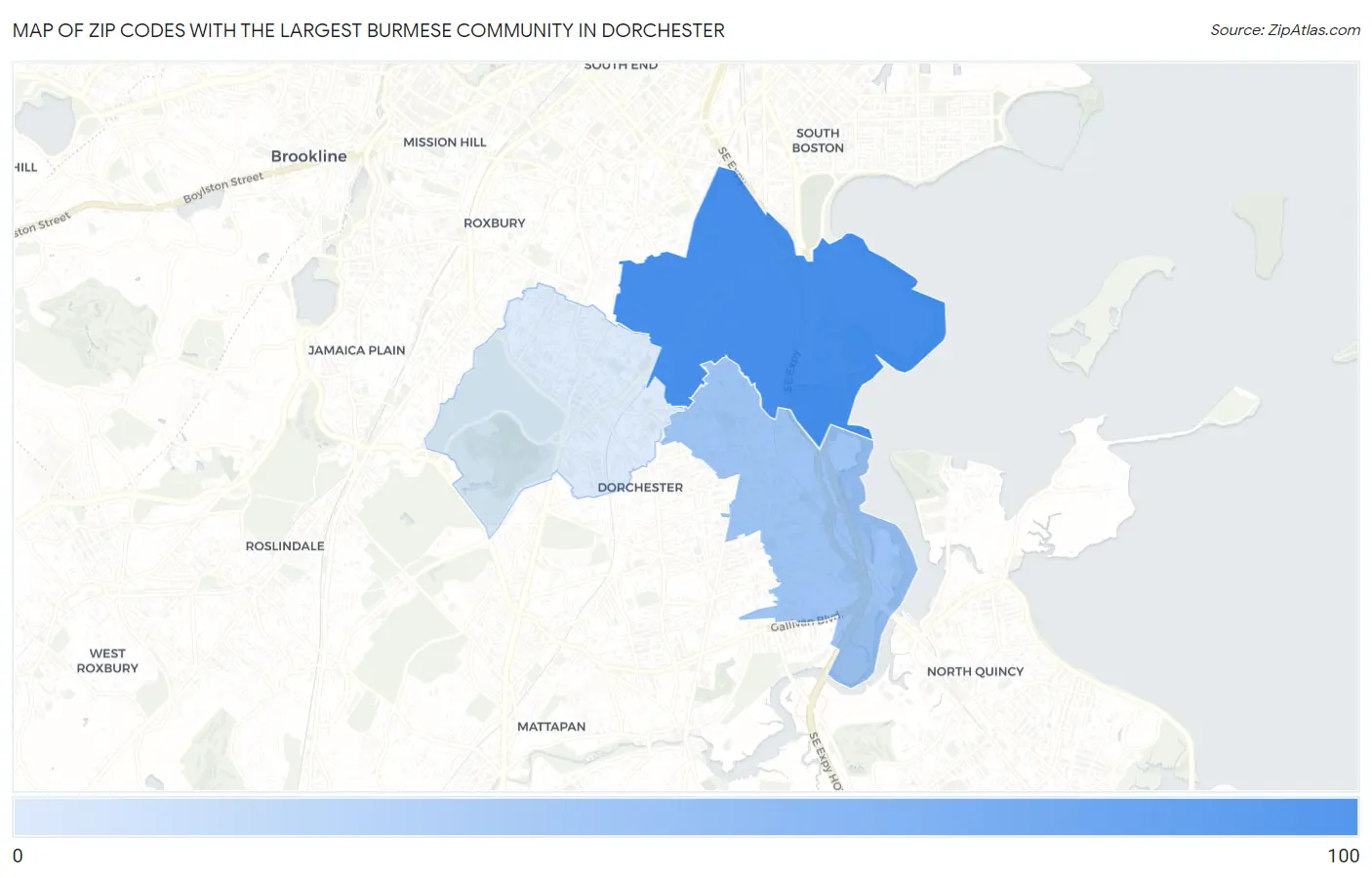 Zip Codes with the Largest Burmese Community in Dorchester Map