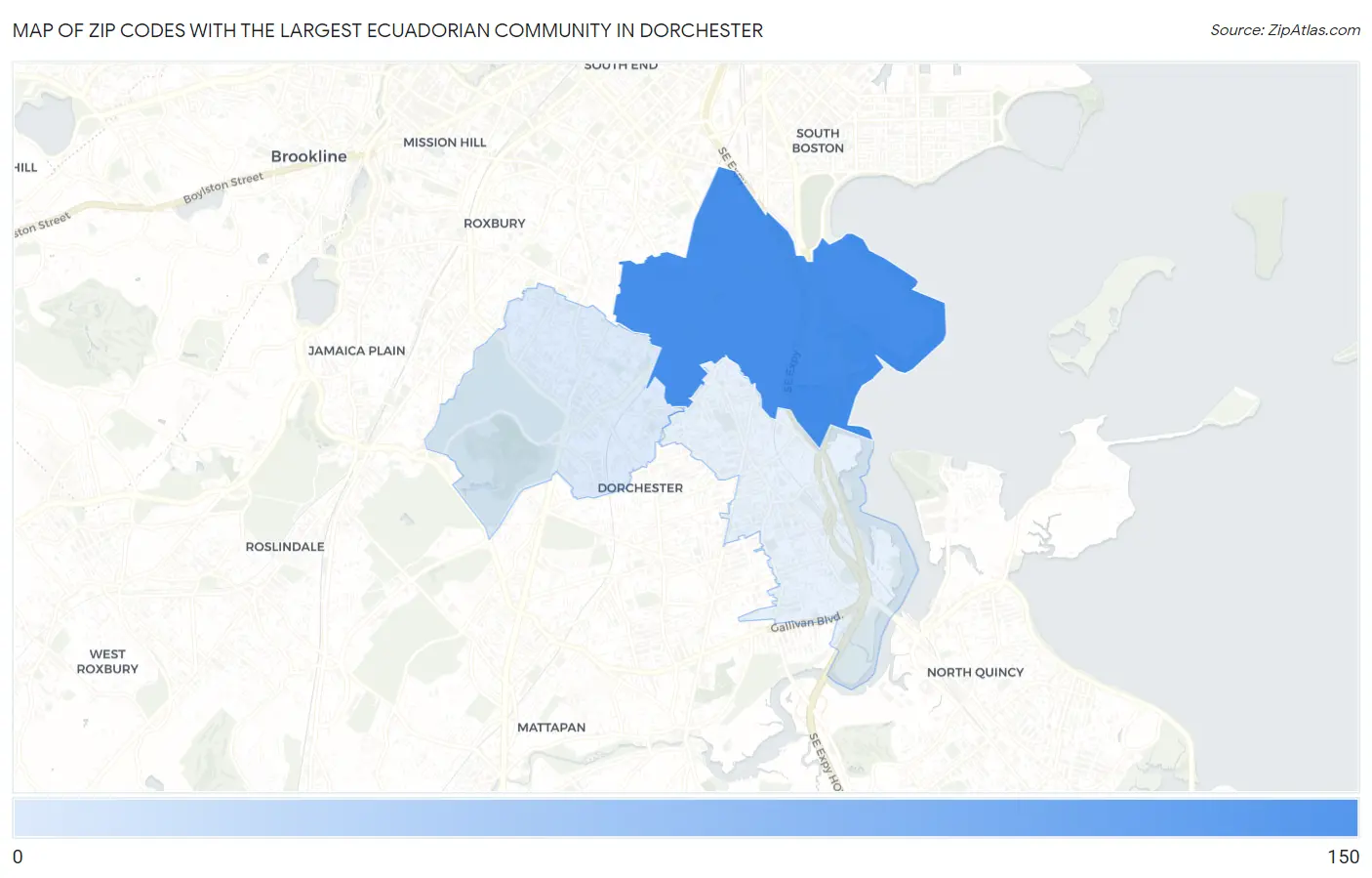 Zip Codes with the Largest Ecuadorian Community in Dorchester Map