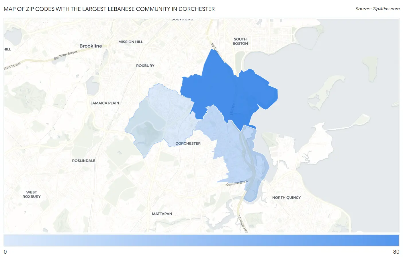 Zip Codes with the Largest Lebanese Community in Dorchester Map