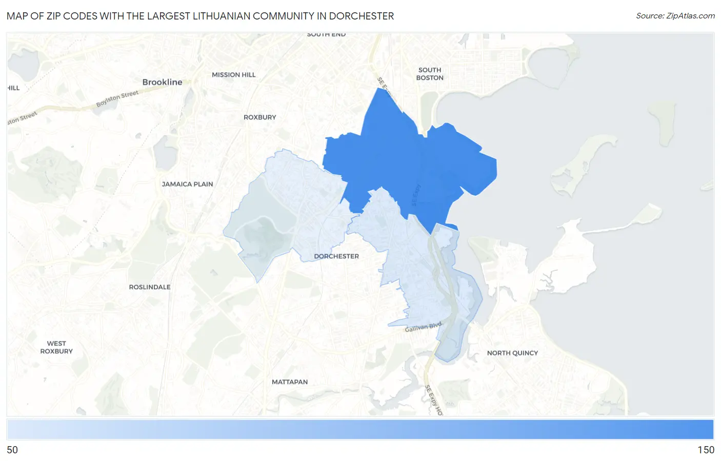 Zip Codes with the Largest Lithuanian Community in Dorchester Map