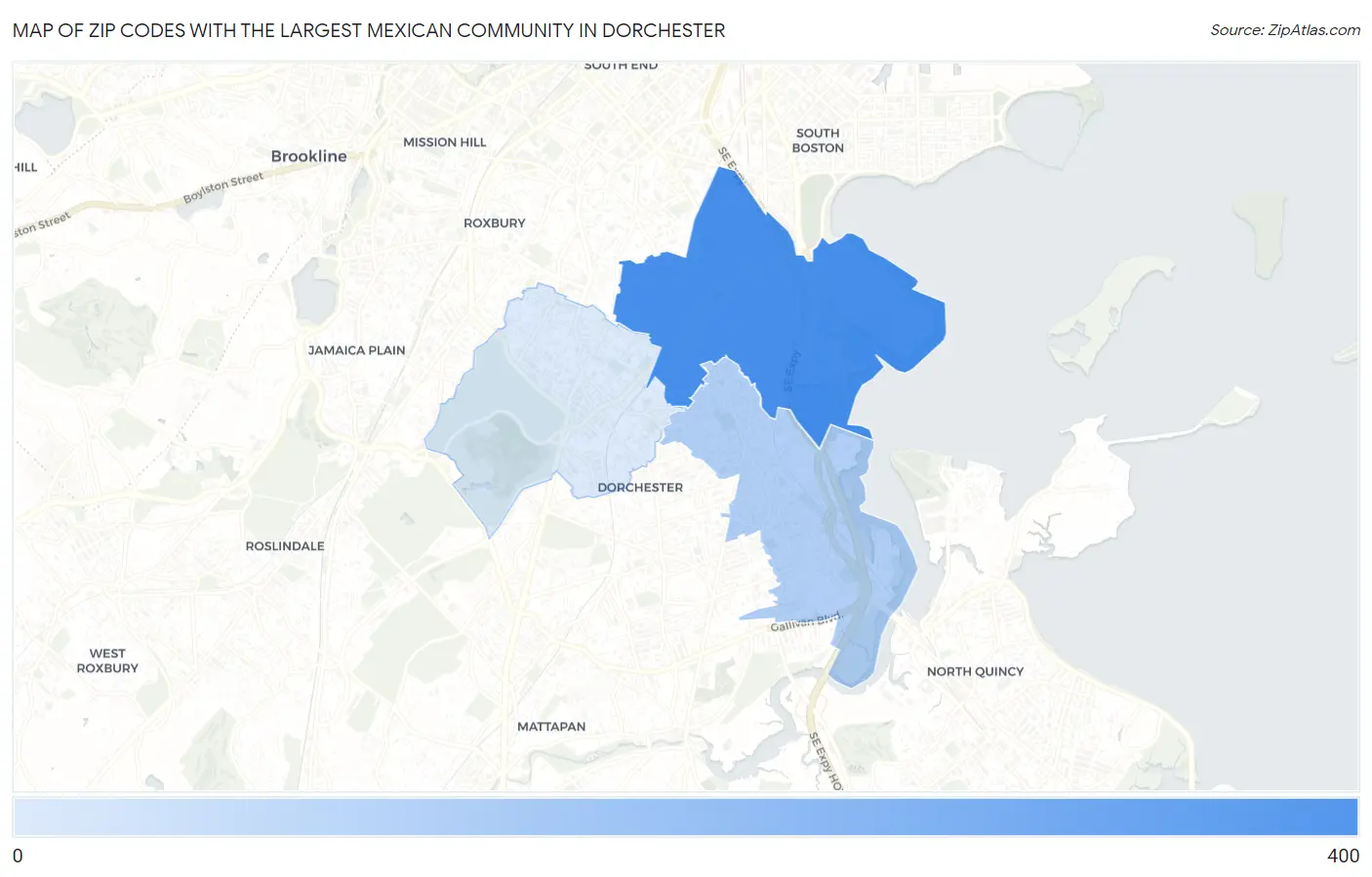 Zip Codes with the Largest Mexican Community in Dorchester Map