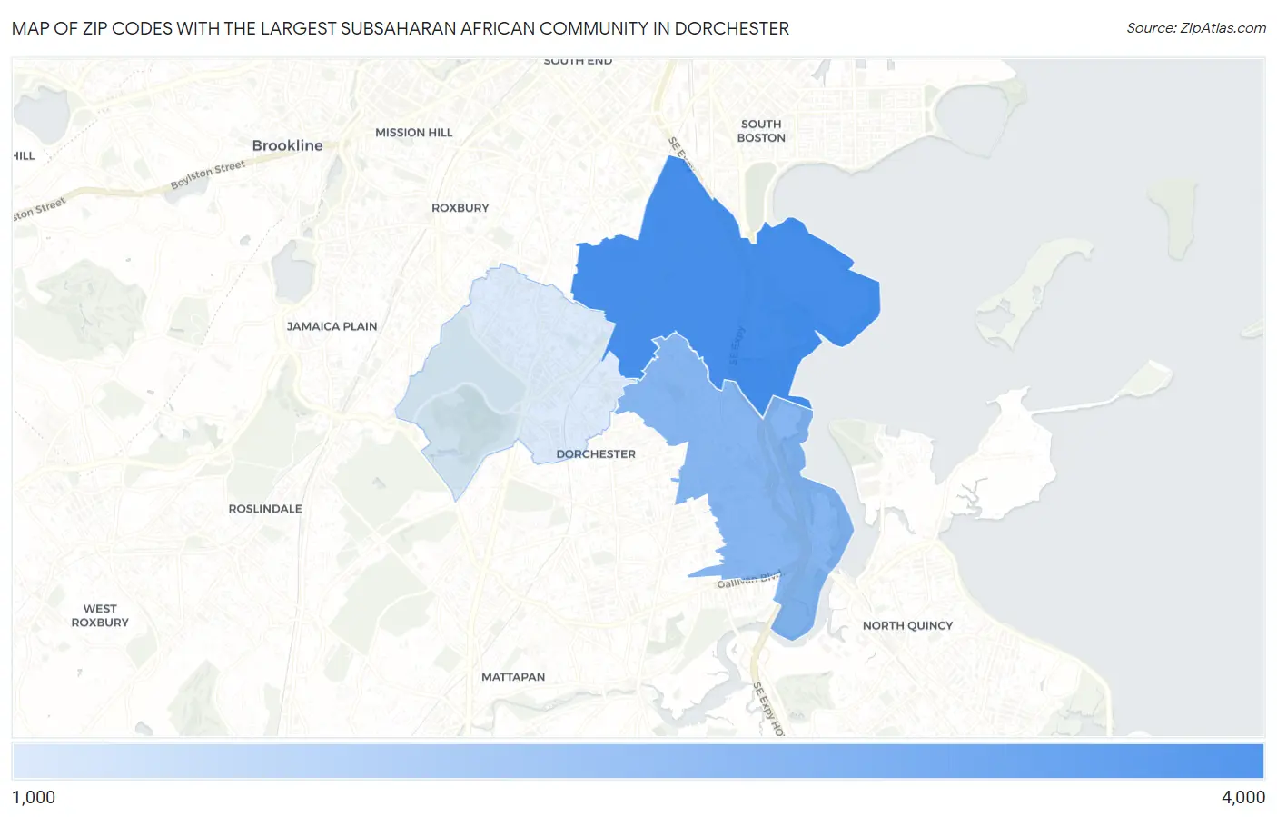 Zip Codes with the Largest Subsaharan African Community in Dorchester Map