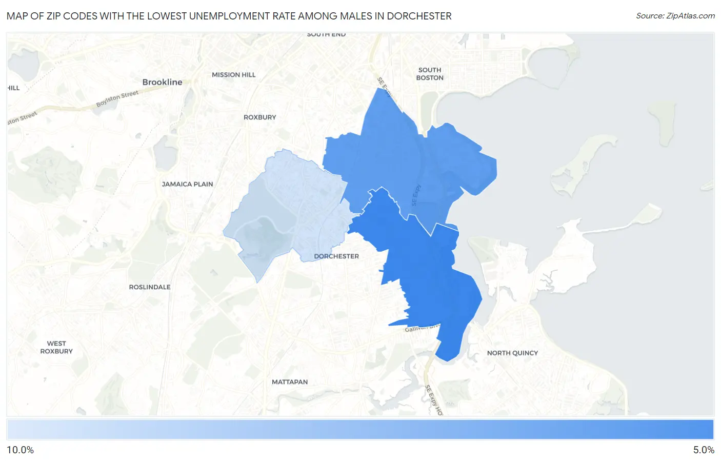 Zip Codes with the Lowest Unemployment Rate Among Males in Dorchester Map