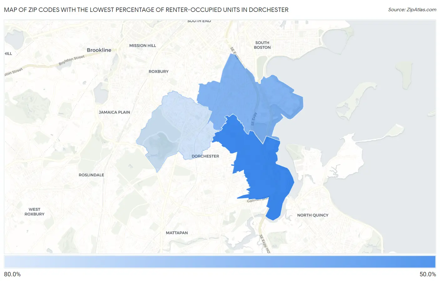 Zip Codes with the Lowest Percentage of Renter-Occupied Units in Dorchester Map