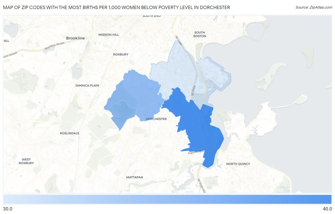 Zip Codes with the Most Births per 1,000 Women Below Poverty Level in Dorchester Map