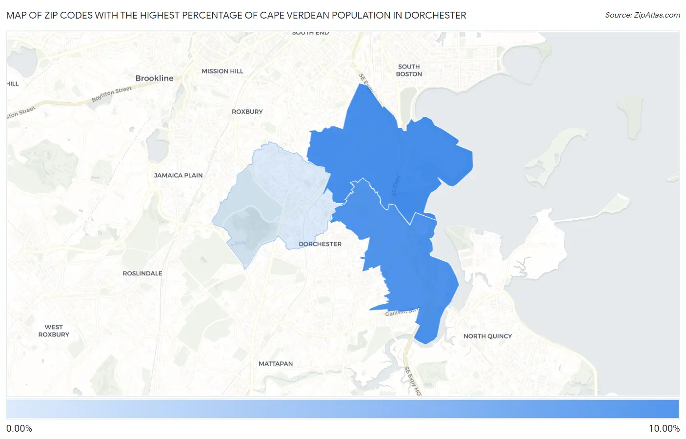 Zip Codes with the Highest Percentage of Cape Verdean Population in Dorchester Map