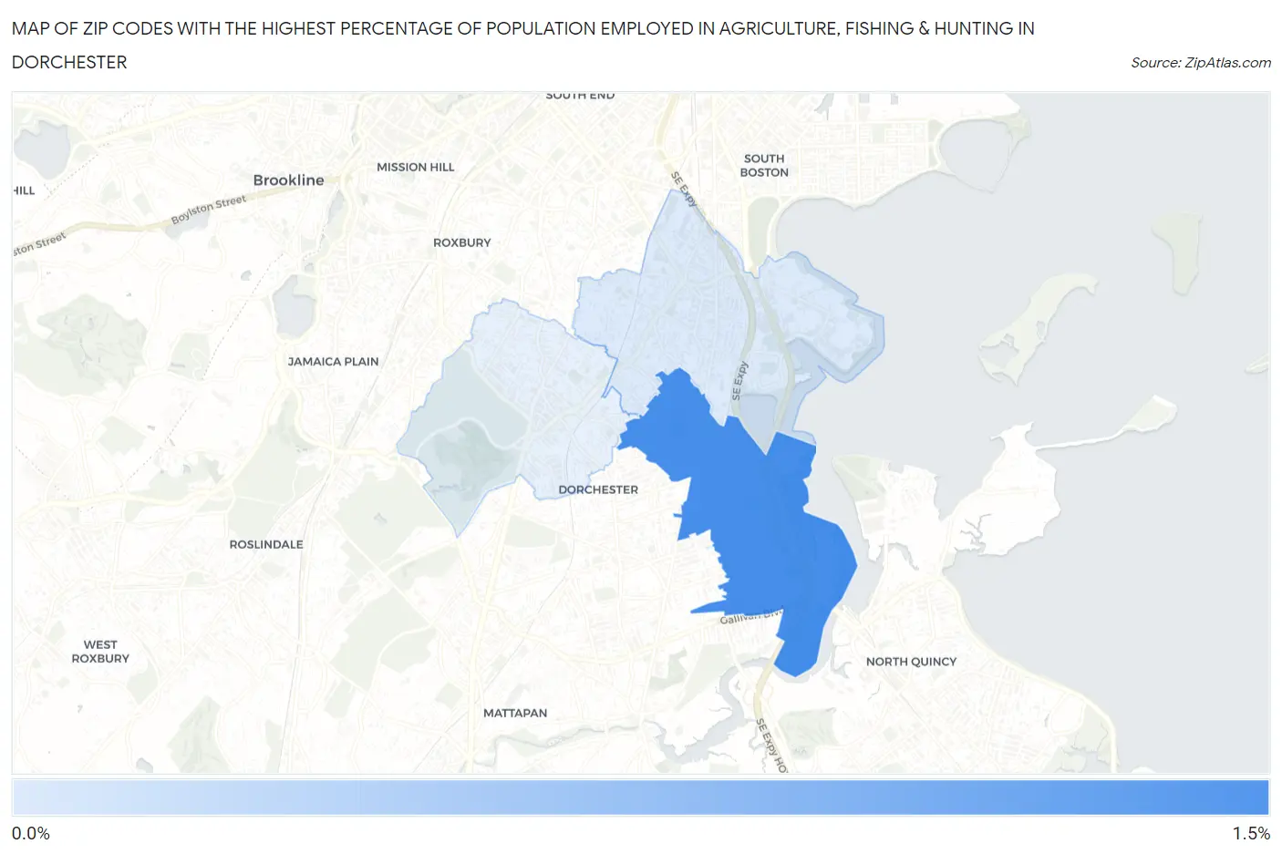 Zip Codes with the Highest Percentage of Population Employed in Agriculture, Fishing & Hunting in Dorchester Map