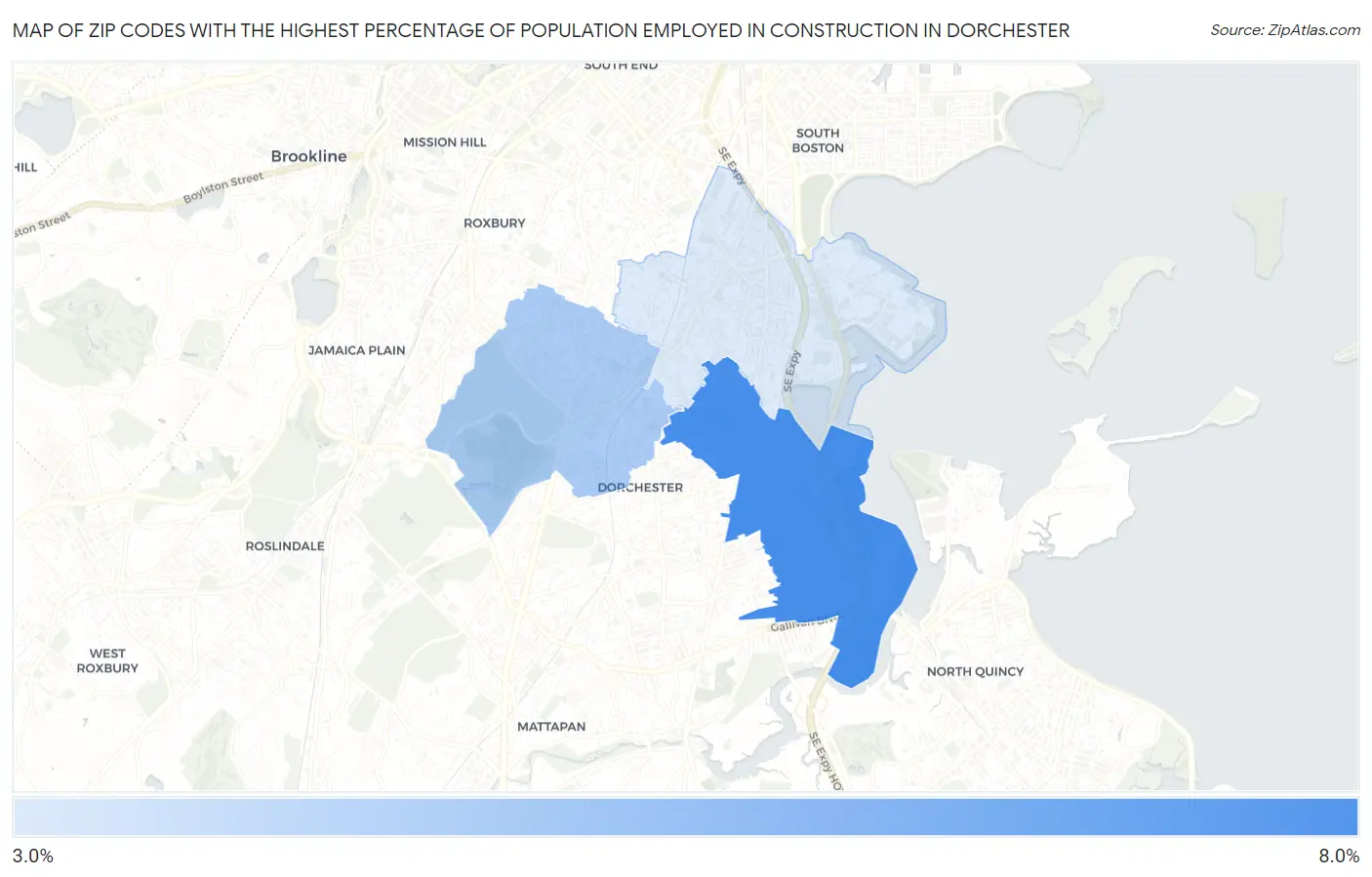 Zip Codes with the Highest Percentage of Population Employed in Construction in Dorchester Map