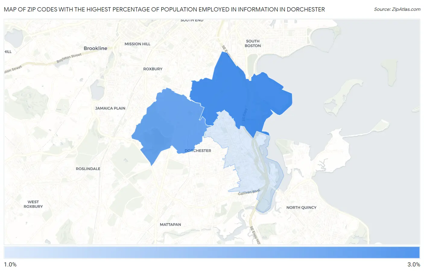 Zip Codes with the Highest Percentage of Population Employed in Information in Dorchester Map