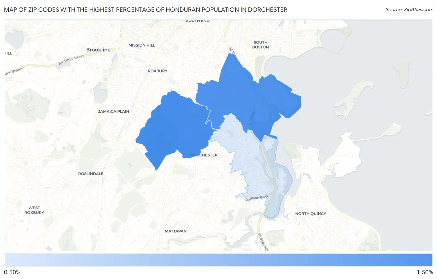 Zip Codes with the Highest Percentage of Honduran Population in Dorchester Map
