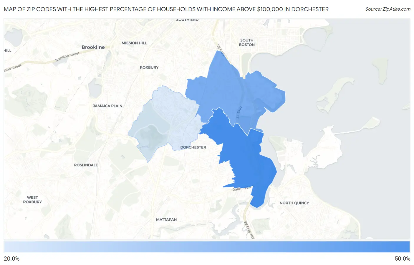 Zip Codes with the Highest Percentage of Households with Income Above $100,000 in Dorchester Map