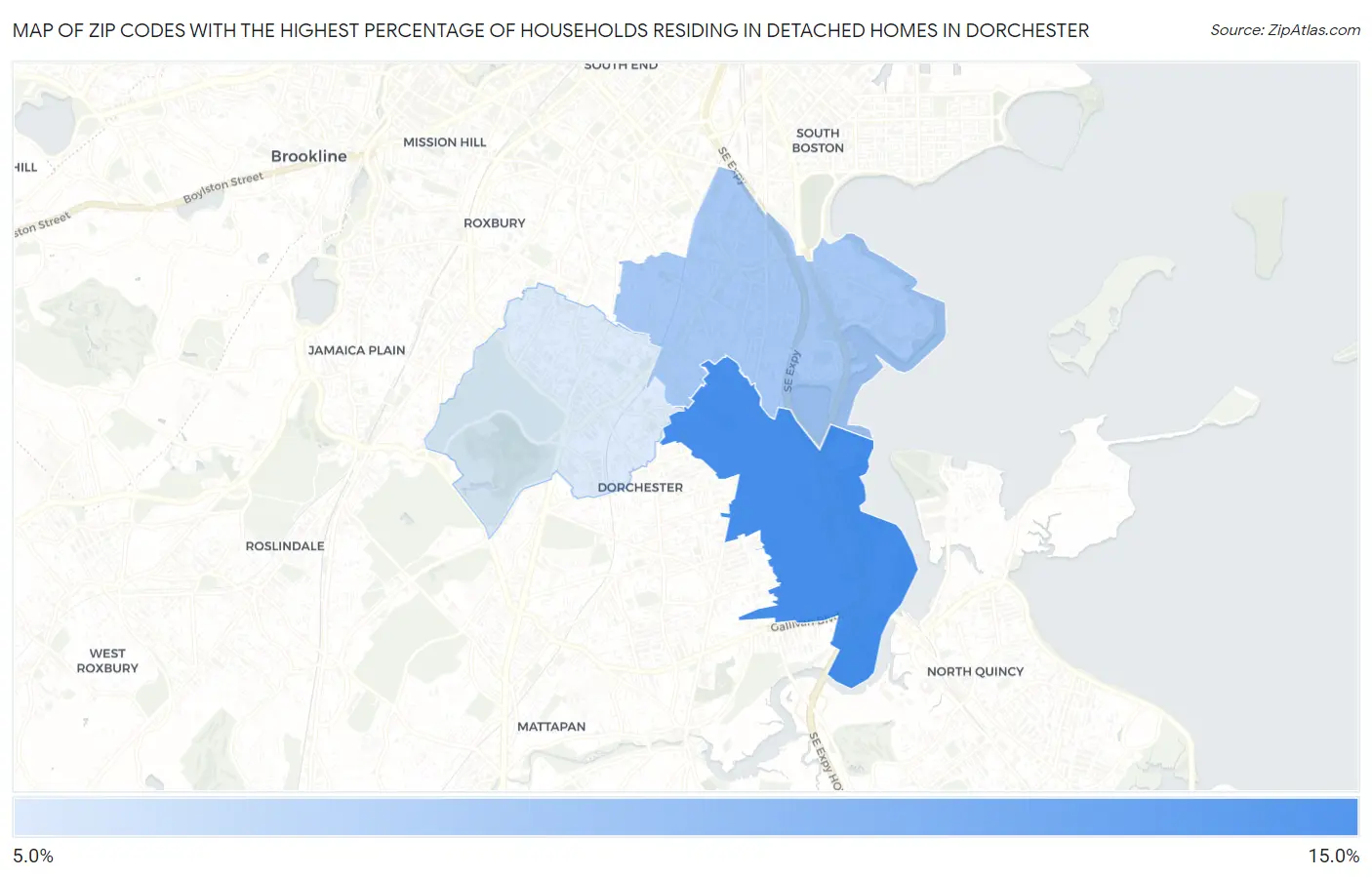 Zip Codes with the Highest Percentage of Households Residing in Detached Homes in Dorchester Map