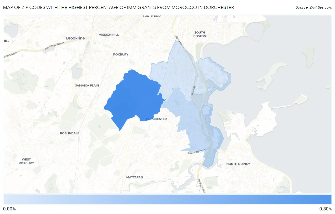 Zip Codes with the Highest Percentage of Immigrants from Morocco in Dorchester Map