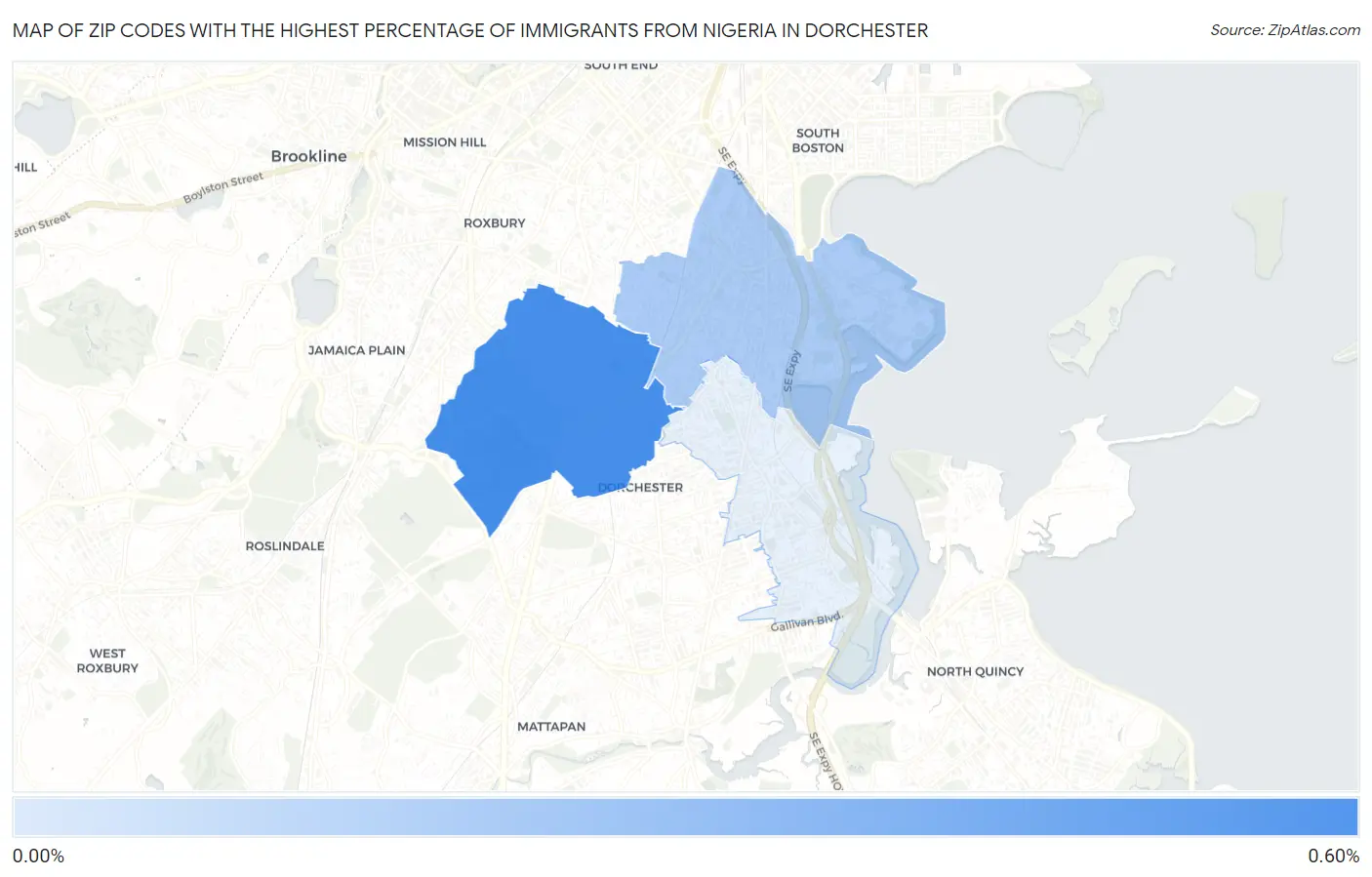 Zip Codes with the Highest Percentage of Immigrants from Nigeria in Dorchester Map