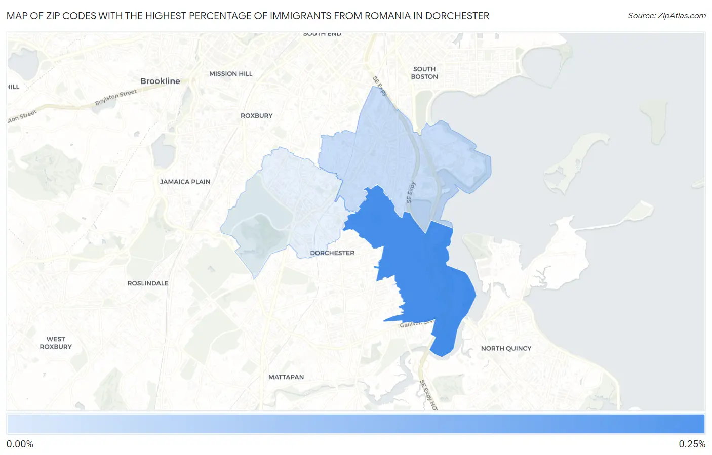Zip Codes with the Highest Percentage of Immigrants from Romania in Dorchester Map