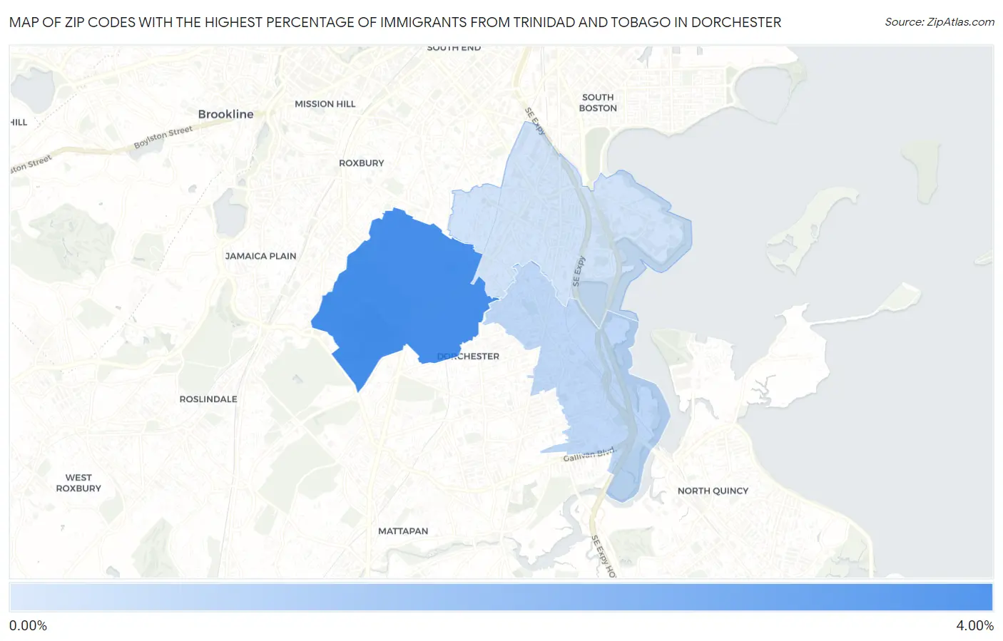 Zip Codes with the Highest Percentage of Immigrants from Trinidad and Tobago in Dorchester Map