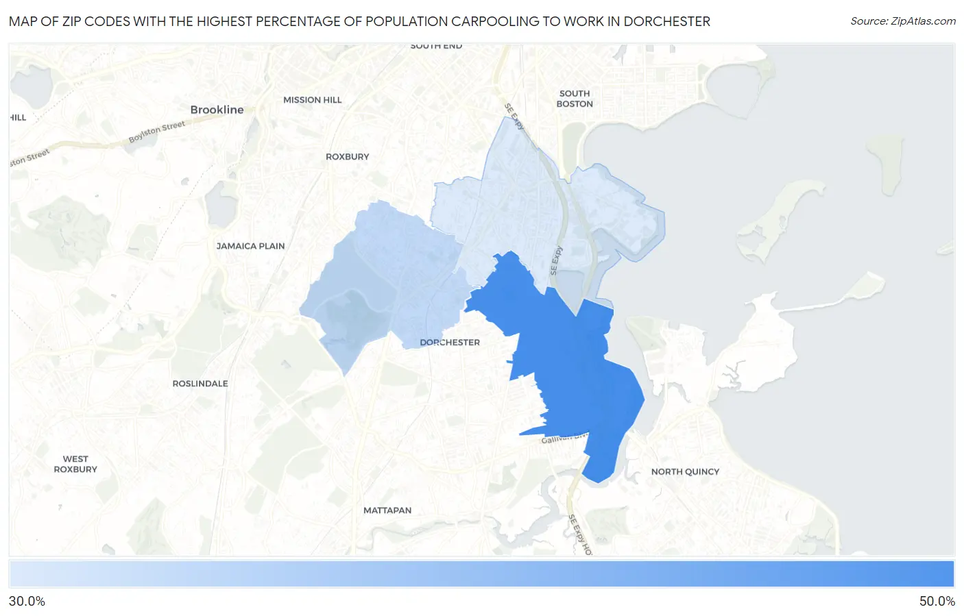 Zip Codes with the Highest Percentage of Population Carpooling to Work in Dorchester Map