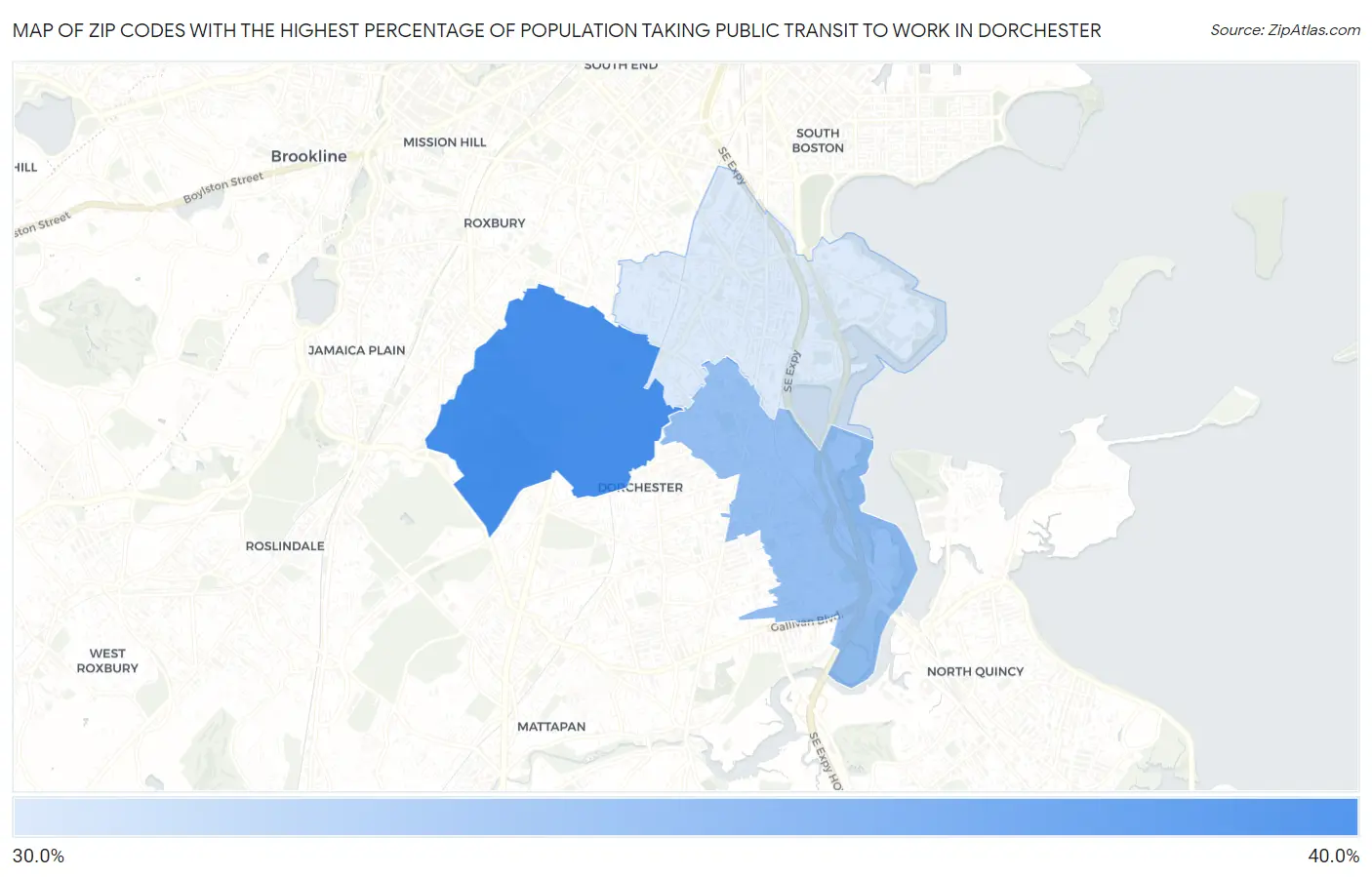 Zip Codes with the Highest Percentage of Population Taking Public Transit to Work in Dorchester Map