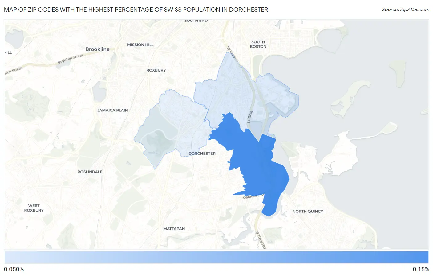 Zip Codes with the Highest Percentage of Swiss Population in Dorchester Map