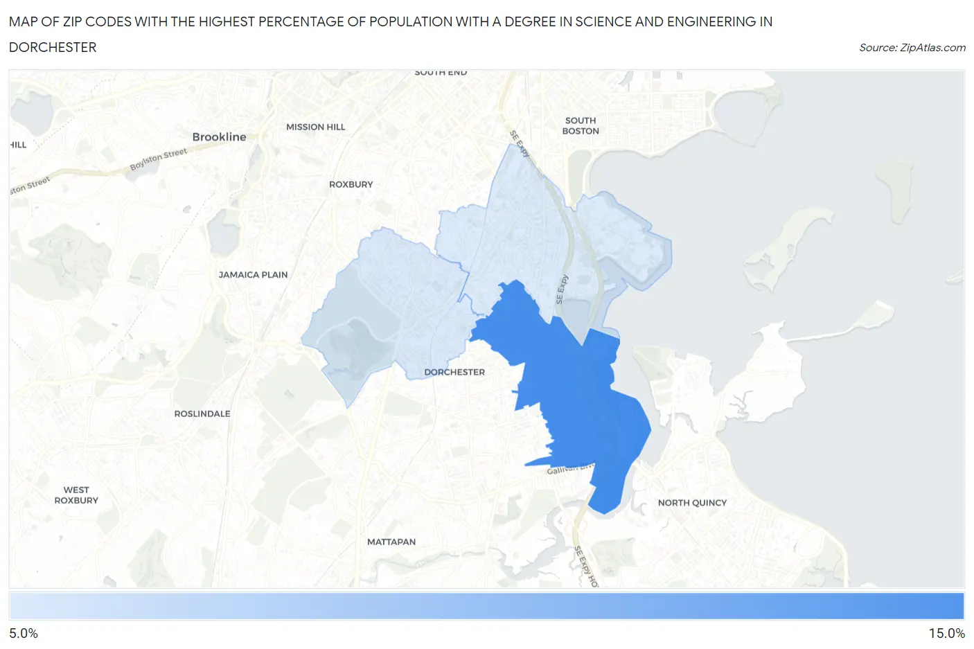 Zip Codes with the Highest Percentage of Population with a Degree in Science and Engineering in Dorchester Map