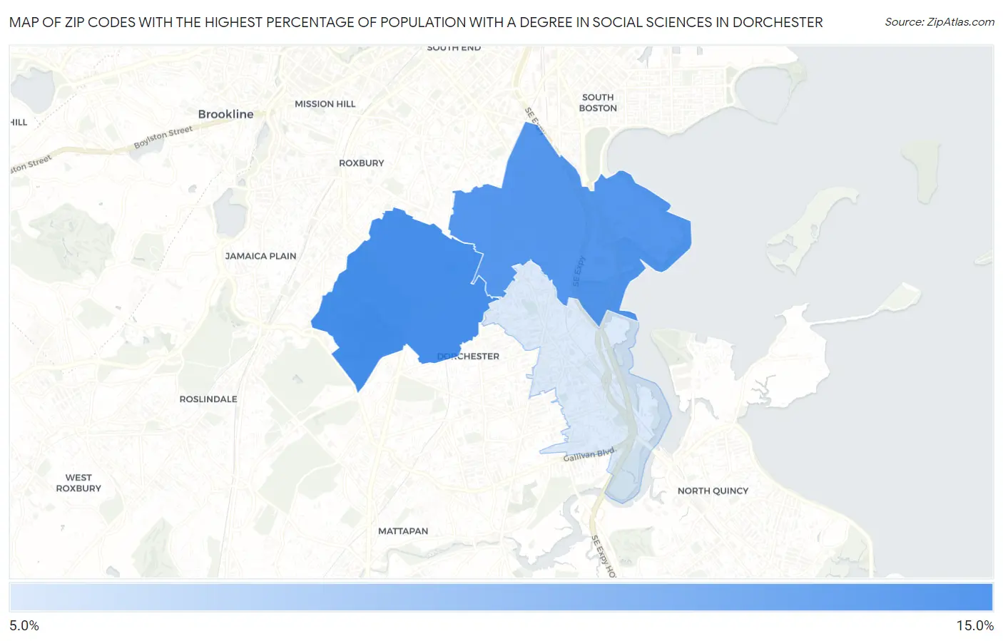 Zip Codes with the Highest Percentage of Population with a Degree in Social Sciences in Dorchester Map