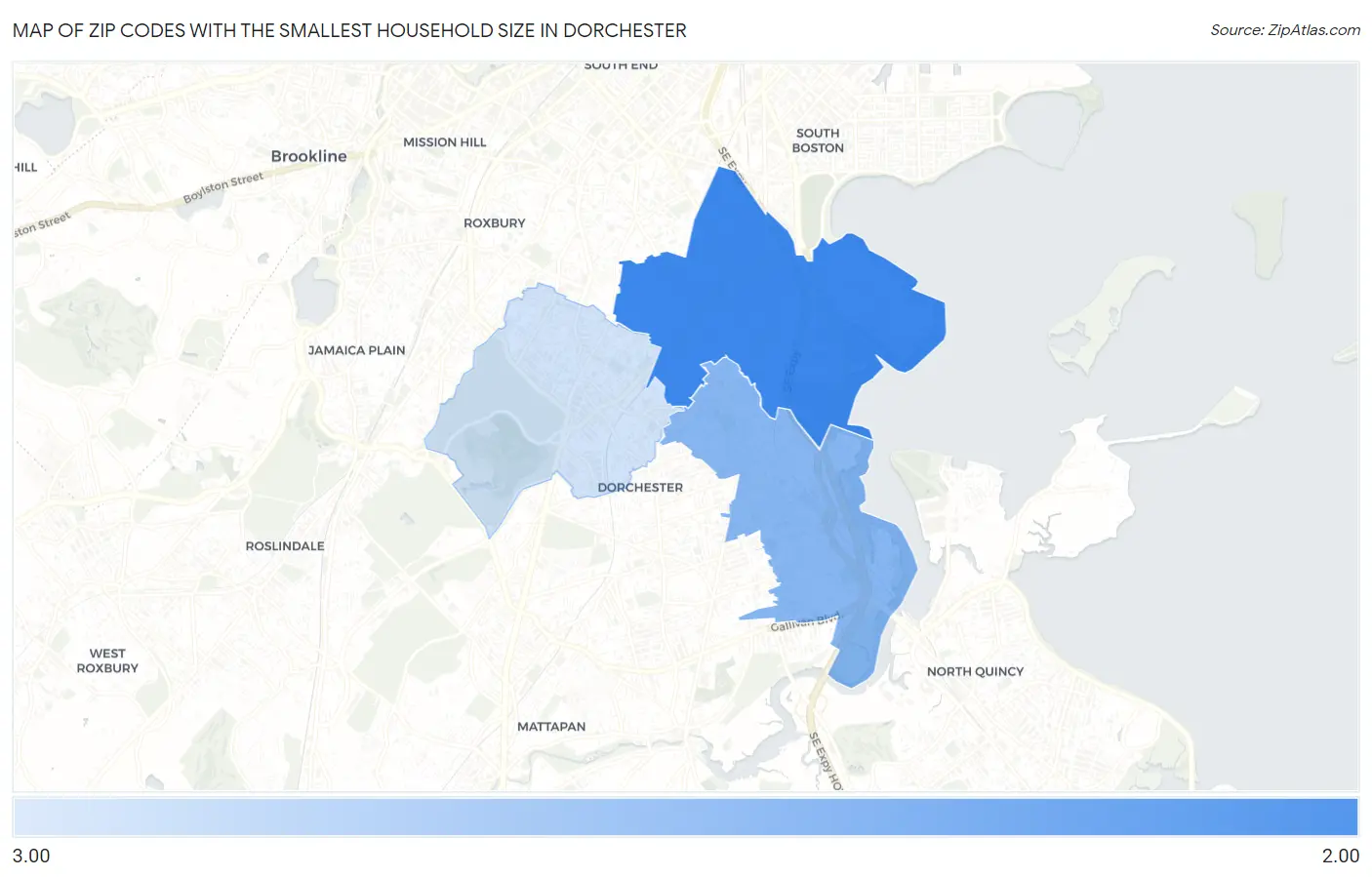 Zip Codes with the Smallest Household Size in Dorchester Map