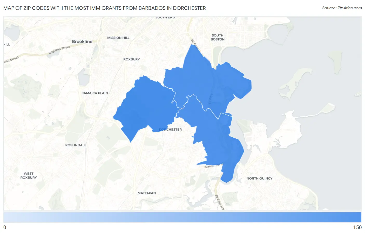 Zip Codes with the Most Immigrants from Barbados in Dorchester Map