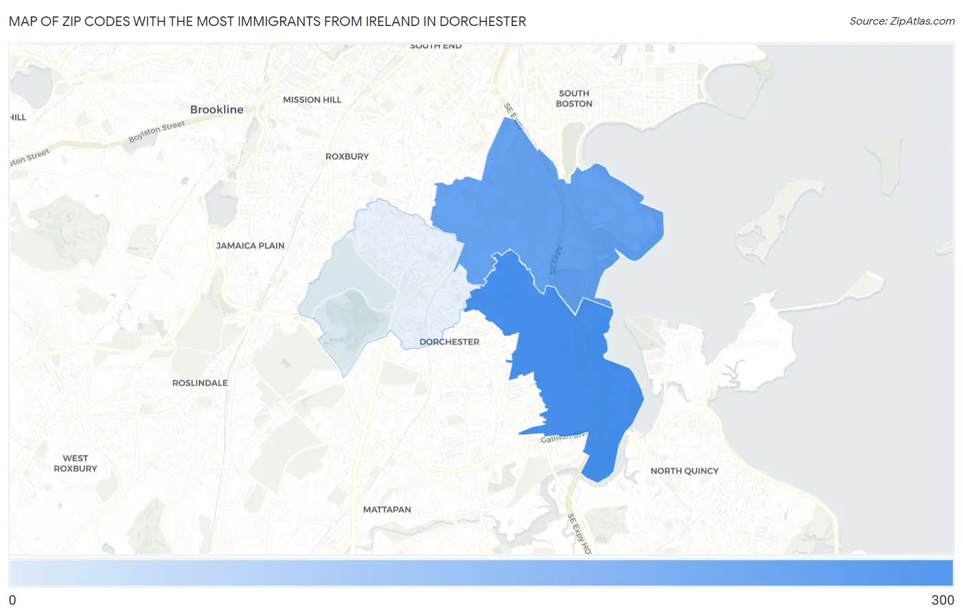 Zip Codes with the Most Immigrants from Ireland in Dorchester Map