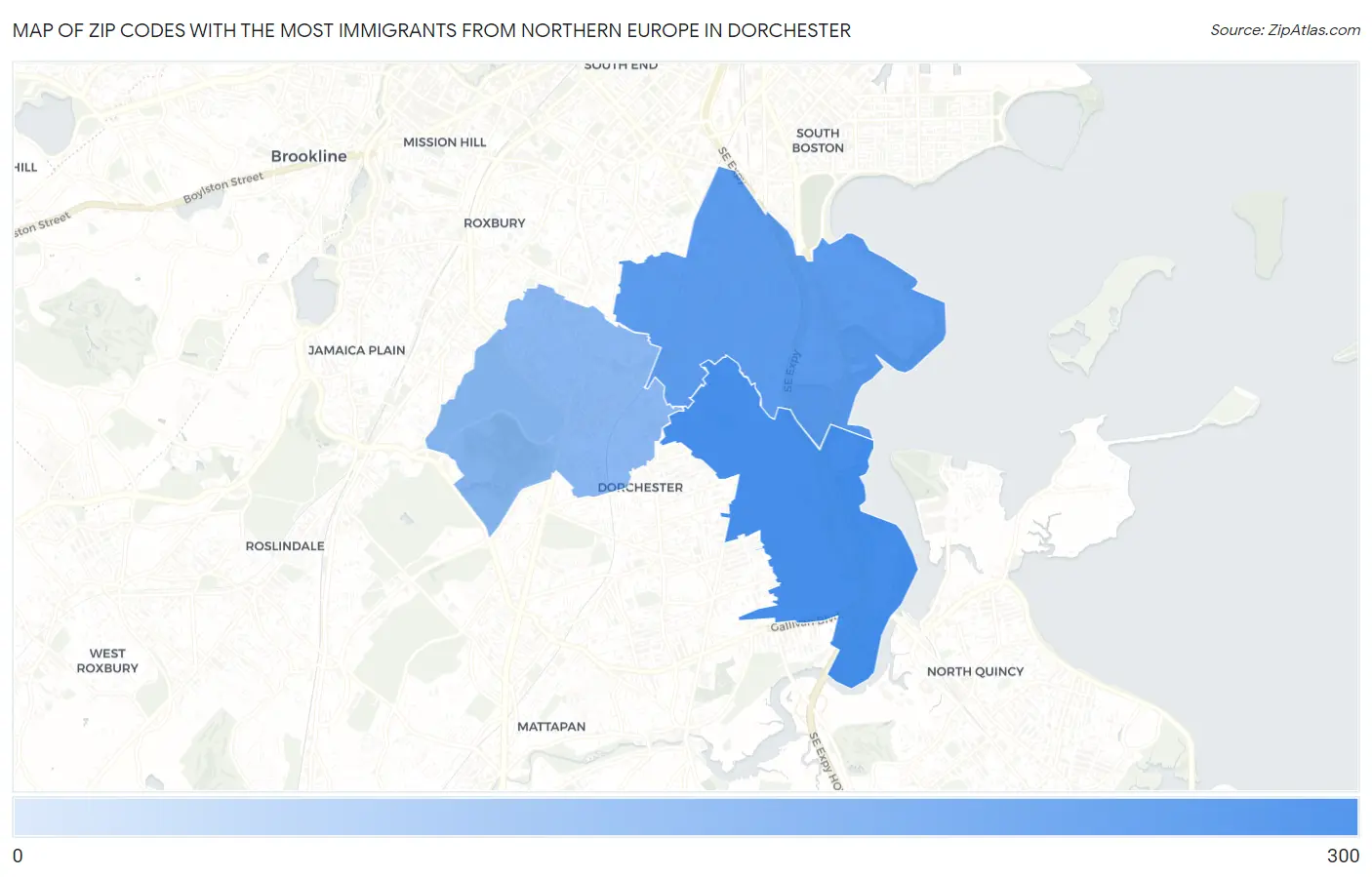 Zip Codes with the Most Immigrants from Northern Europe in Dorchester Map