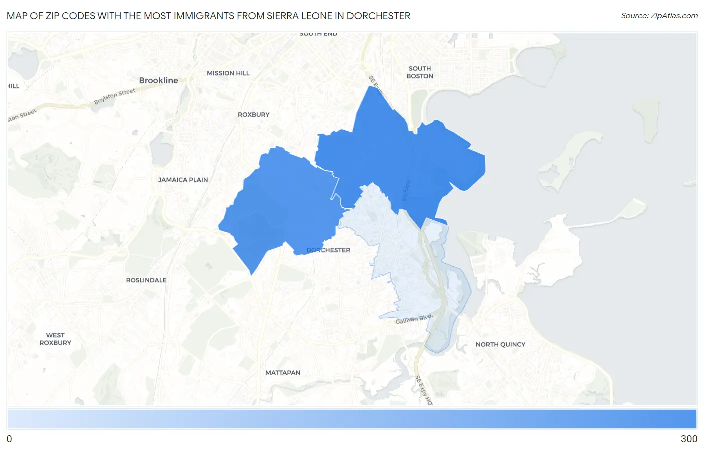 Zip Codes with the Most Immigrants from Sierra Leone in Dorchester Map