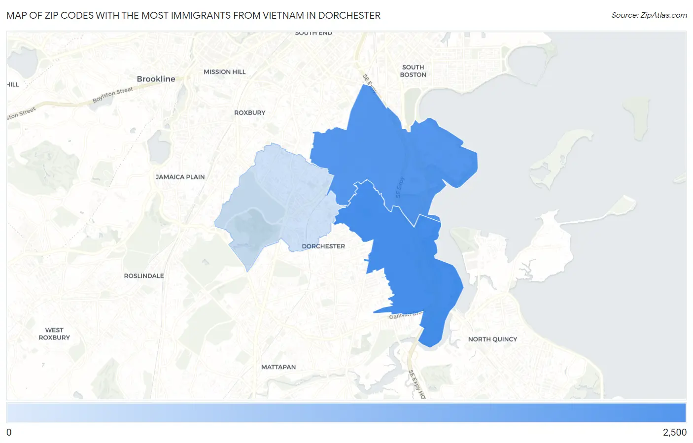 Zip Codes with the Most Immigrants from Vietnam in Dorchester Map