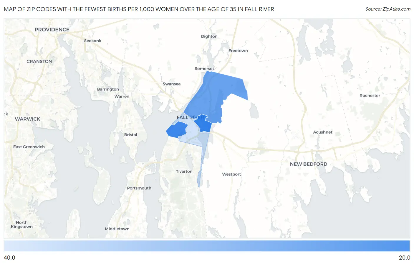 Zip Codes with the Fewest Births per 1,000 Women Over the Age of 35 in Fall River Map