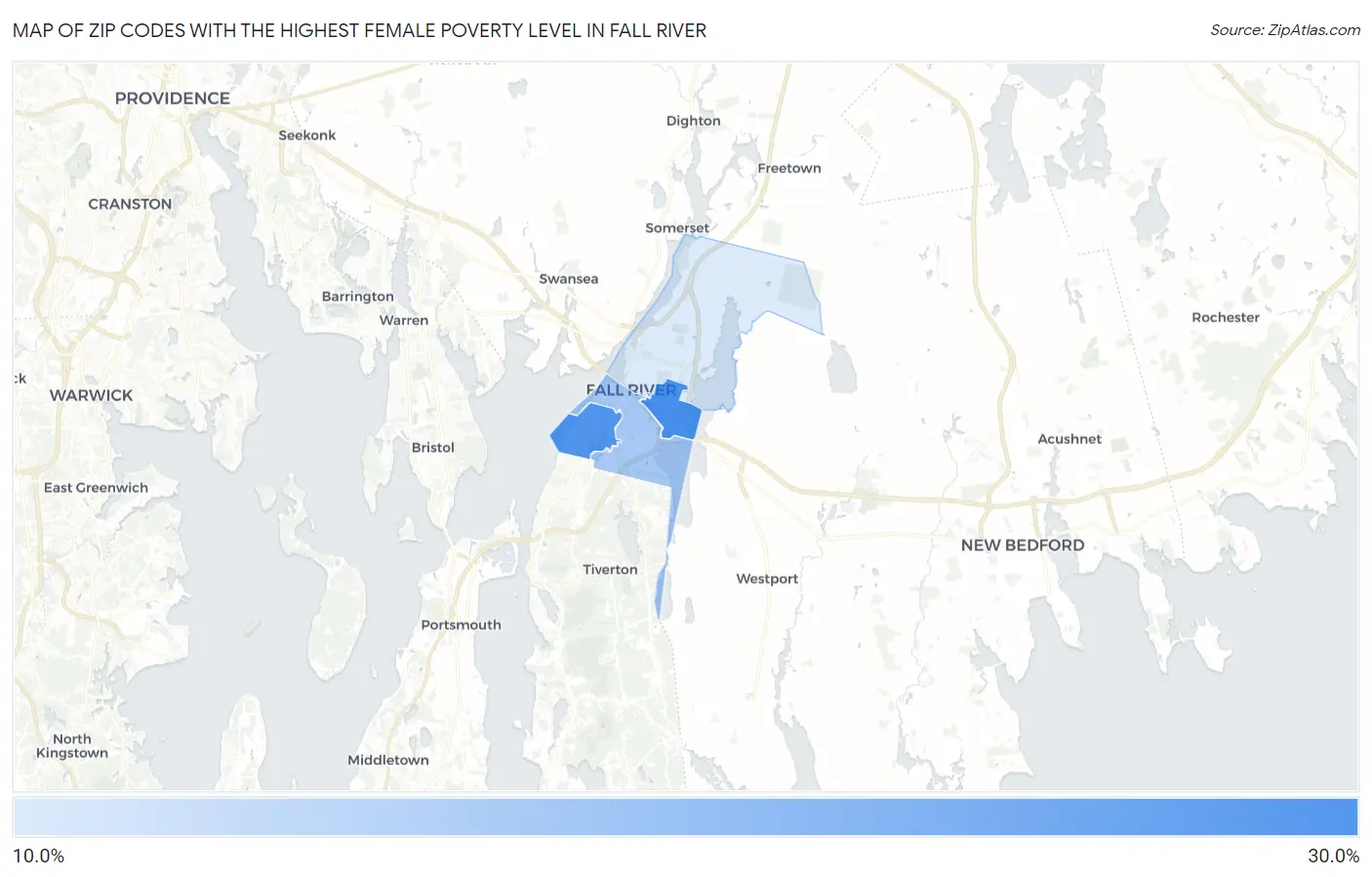 Zip Codes with the Highest Female Poverty Level in Fall River Map