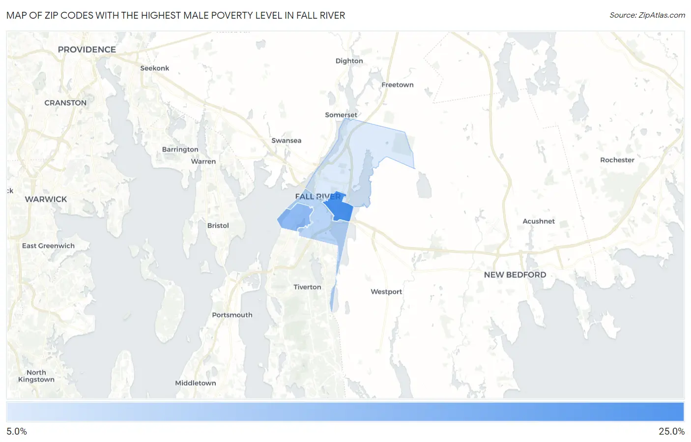 Zip Codes with the Highest Male Poverty Level in Fall River Map
