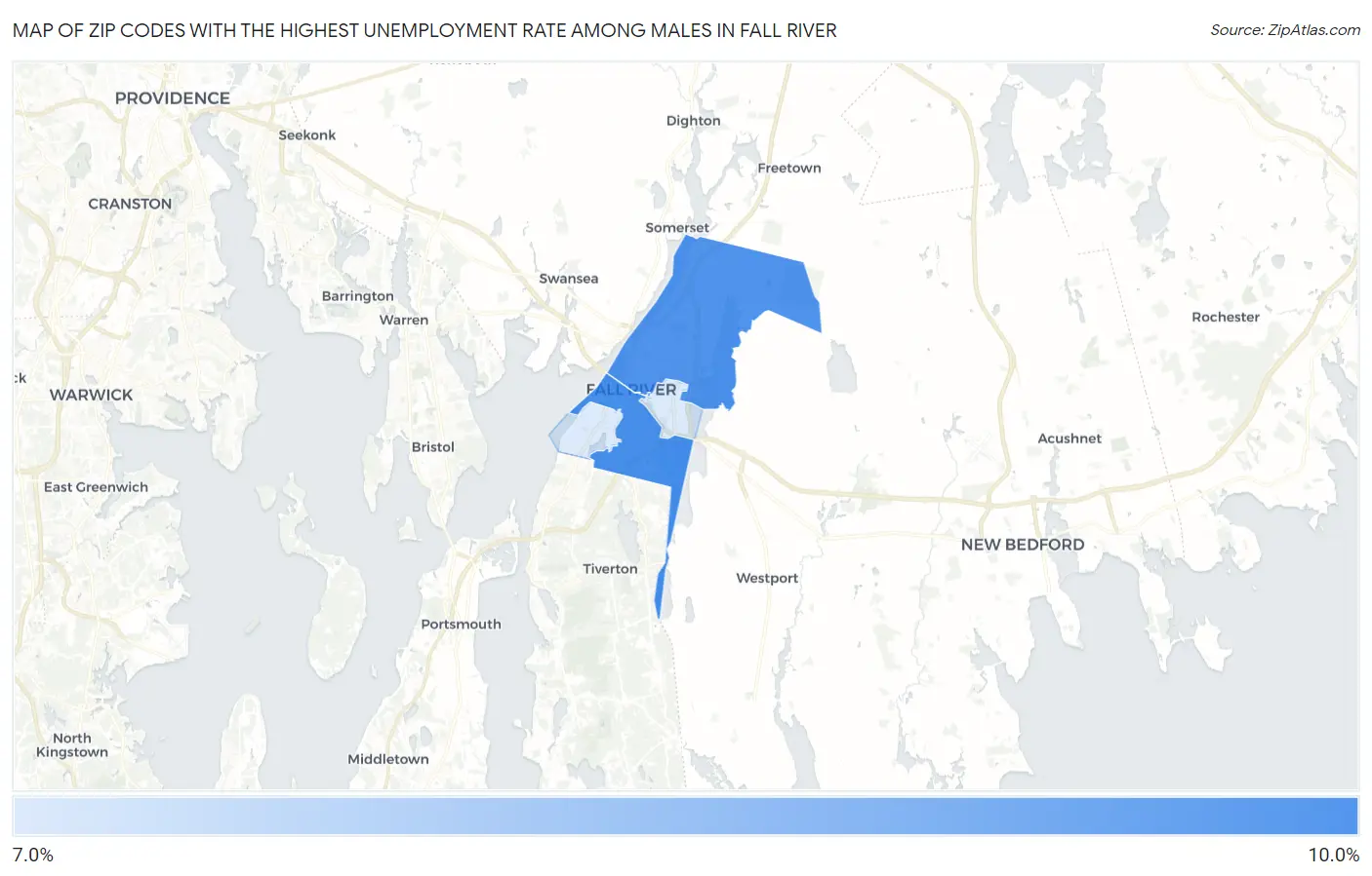 Zip Codes with the Highest Unemployment Rate Among Males in Fall River Map