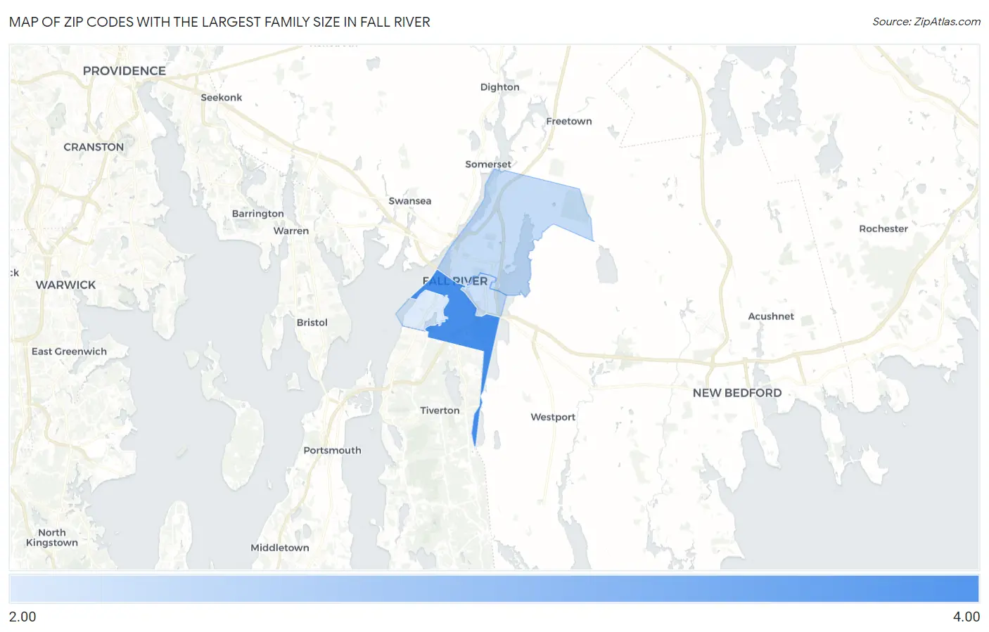 Zip Codes with the Largest Family Size in Fall River Map