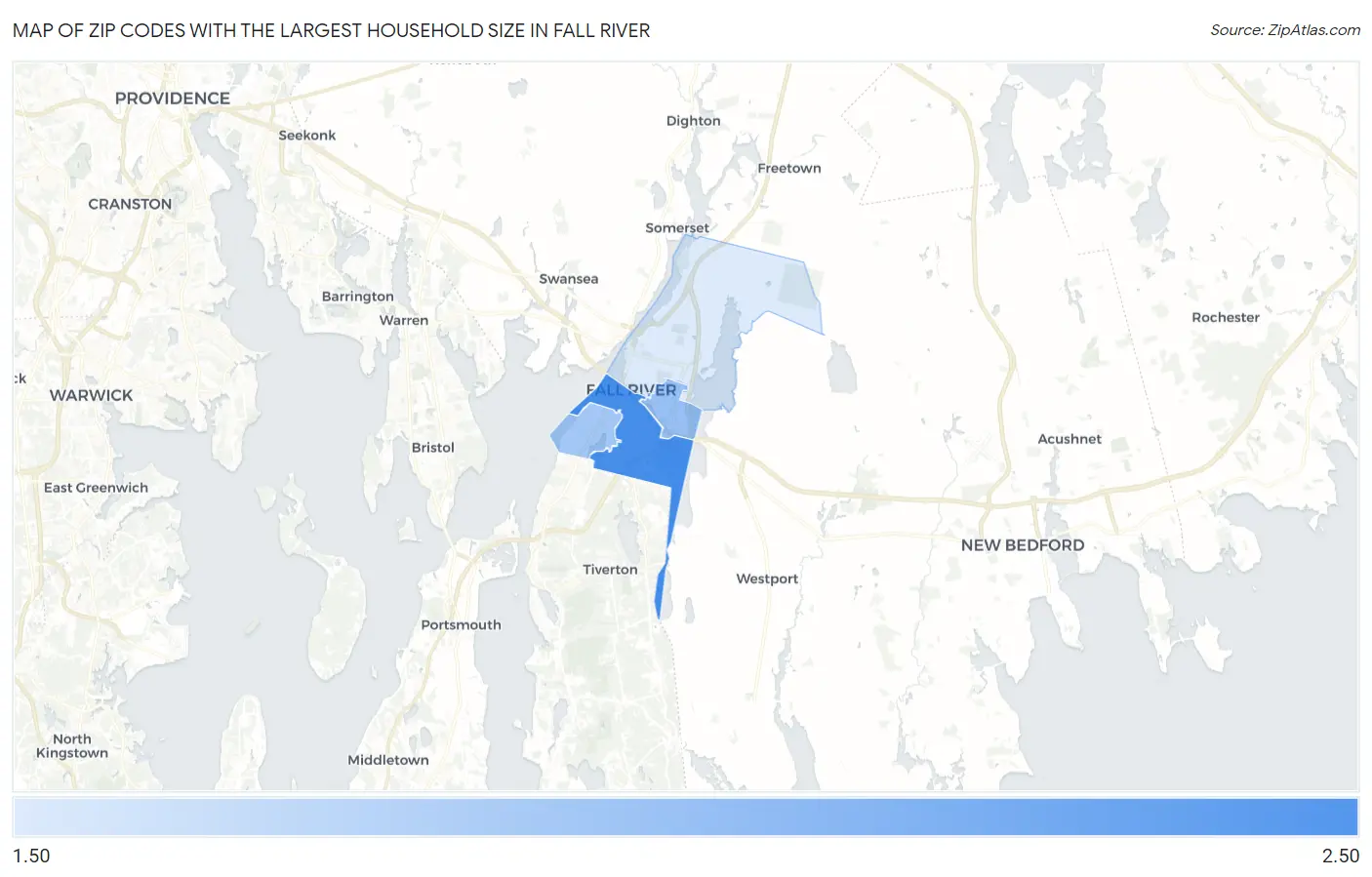 Zip Codes with the Largest Household Size in Fall River Map